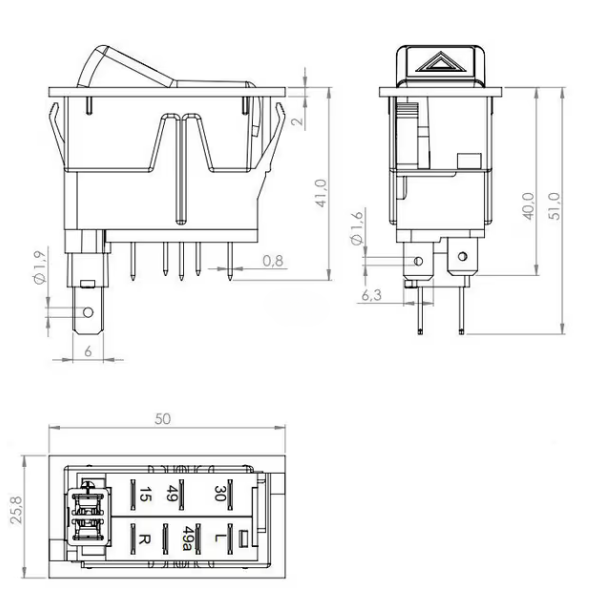 Interruptor Basculante, I-0, 12V - 7 pinos - Aviso de Perigo