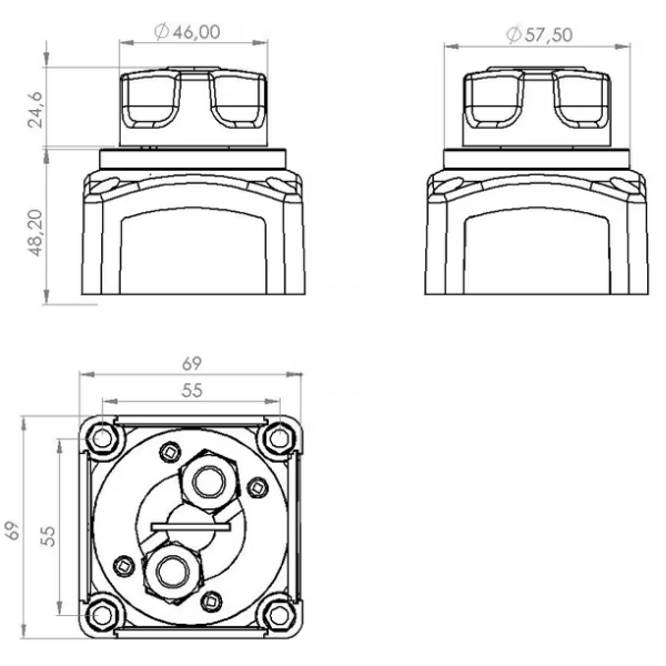 Interruptor de bateria quadrado - PRETO - M10, 12/24V, 300A/1000A