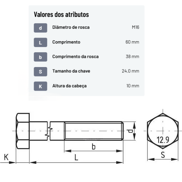 Parafuso sextavado DIN960 M16x1.50x60 aço 12.9