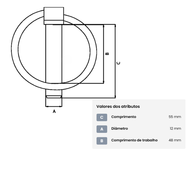 Pino de engate de segurança com anel, 12 mm x 55 mm